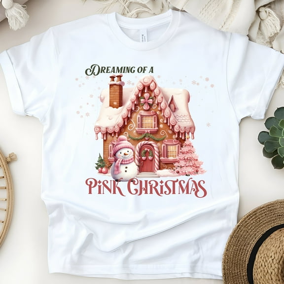 Dreaming of a Pink Christmas T-Shirt | Gingerbread House Holiday Tee, White, Size S