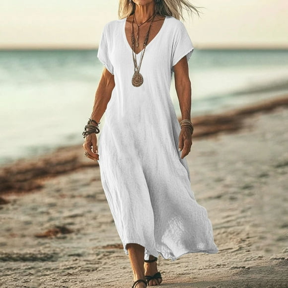 Staron Vacation Dresses for Women 2025 Clearance Under $10 Short Sleeve Loose Flowy Casual Summer Cotton Linen Sundress V Neck Travel Vacation Midi Dresses