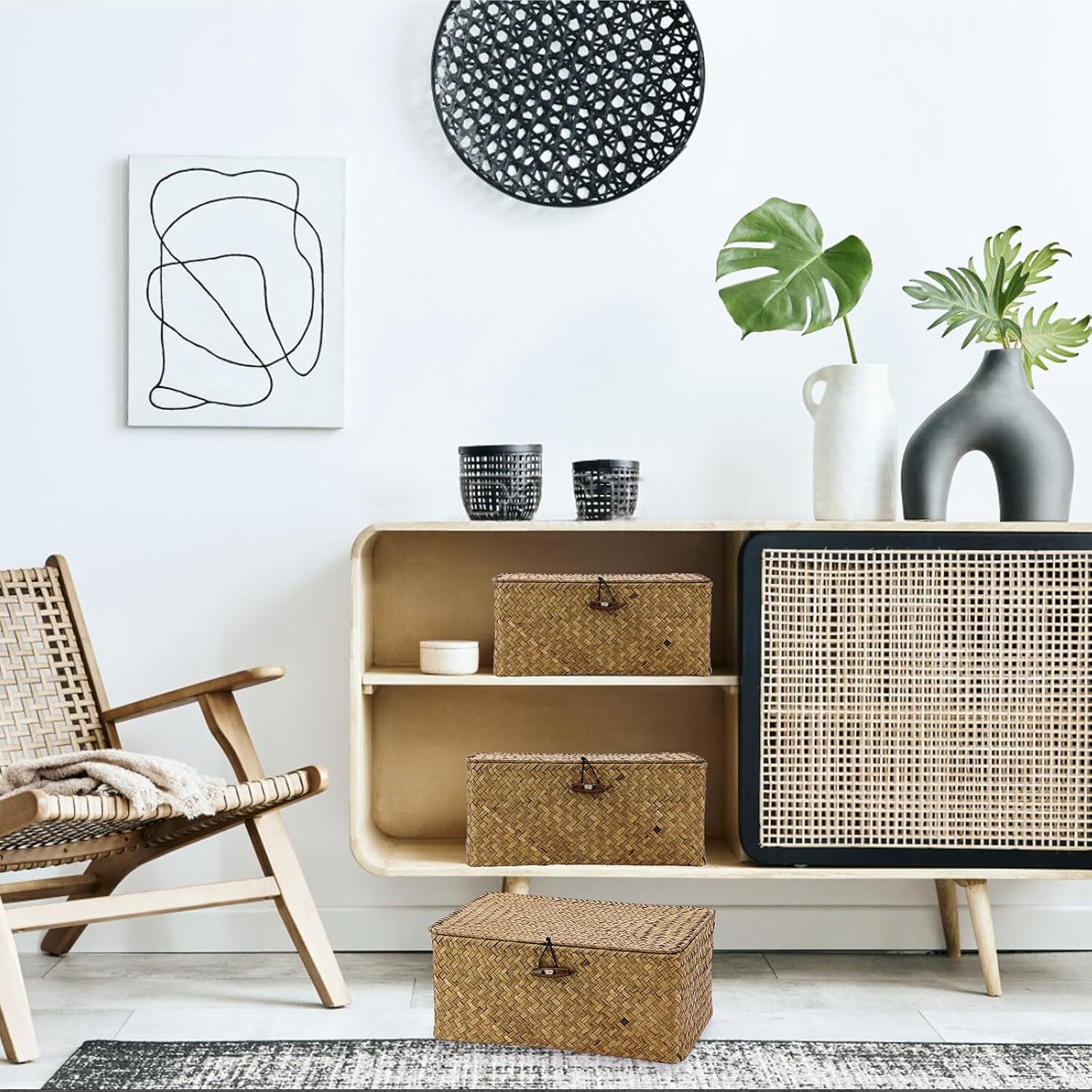 3 Pack Wicker Baskets with Lids, Nautral Seagrass Storage Baskets, Woven Rectangular Basket Bins, Rattan Storage Organizer for Shelf