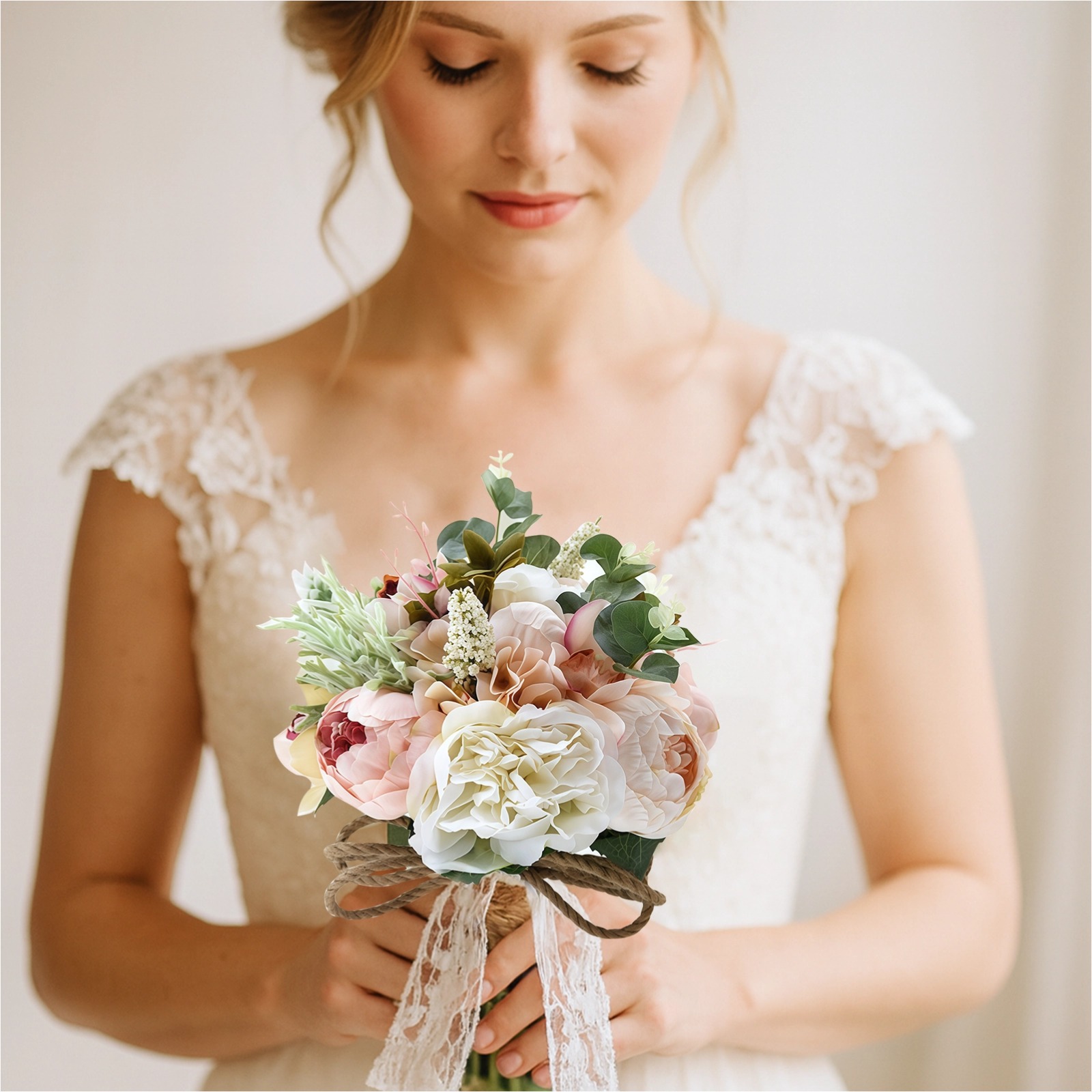 Bride Bouquets for Wedding, Artificial Silk Flower Bouquets, White Pink Bridal Bouquets with Green Leaves and Lace Handle, Classic European Style