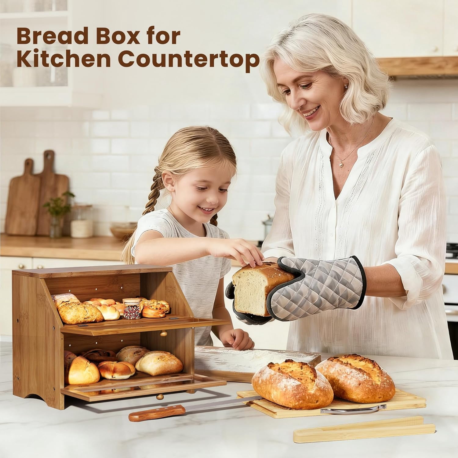 Double Layer Bamboo Bread Box for Kitchen Countertop, Large Capacity, Cutting Board, Stainless Steel Bread Knife, Double Layer Storage Container with Clear Windows, Walnut