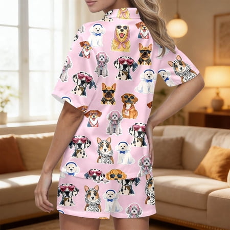 Women s Printed Two Piece Loungewear Set Tie Front Top With Matching Shorts Soft Breathable Lightweight Comfortable Pajamas For Home Daily Wear Pink XL