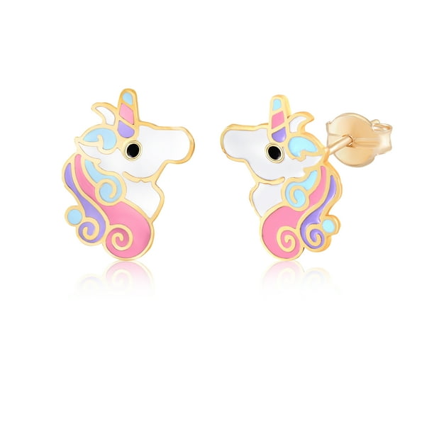 Massete 14K Yellow Gold Stud Unicorn Earrings for Girls Kids Colorful