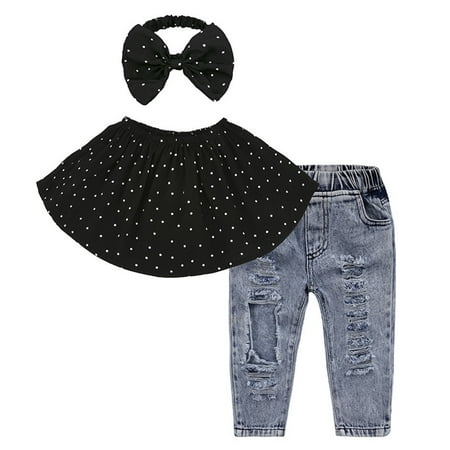 

Cathalem New Born Baby Girl Outfit Toddler Kids Girls Off Shoulder T Shirt Tops Hole Denim Jeans Mint Baby Blankets for Girls Childrenscostume Black 3-4 Years