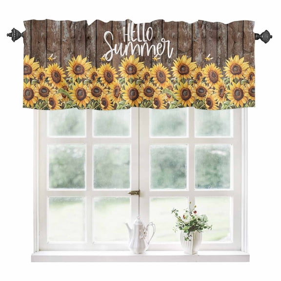 Sunflower Kitchen Valances for Windows 42x12 Inch Kitchen Curtains Valances Rod Pocket Rustic Brown Wood Grain Farm Bee Watercolor Bathroom Window Valances for Window Treatment Decor