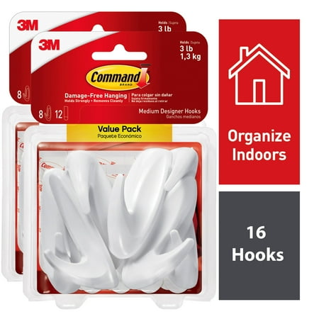Command Medium Designer Hooks Value Pack, White, 16 Hooks, 24 Strips (Holds 3 lb)