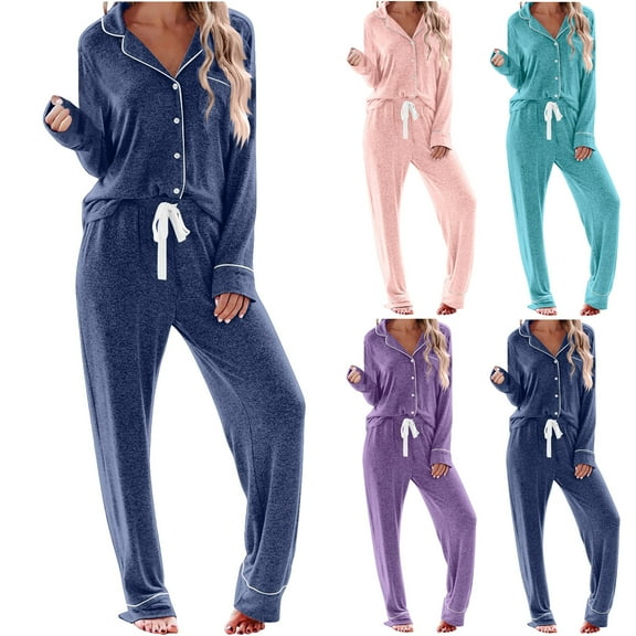 jtjvou Women's Pajama Sets Long Sleeve Button Down Sleepwear Nightwear Soft Pjs Lounge Sets Blue L