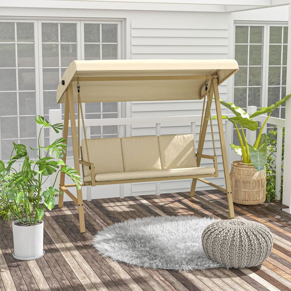 3 Seat Outdoor Porch Swing with Adjustable Canopy, Steel Patio Swing Chair with Cushions, Swing Glider for Patio, Garden, Poolside, Balcony, Beige