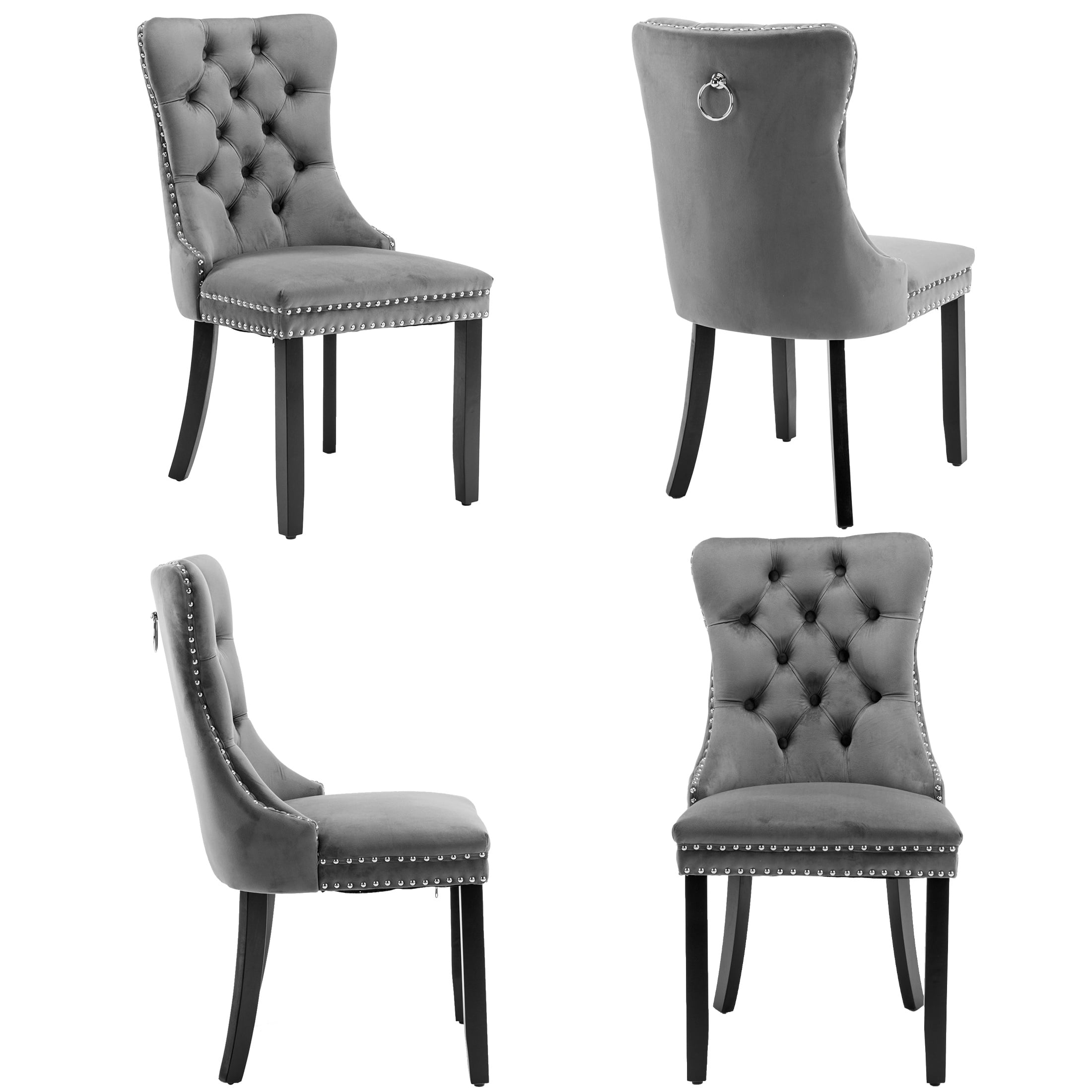 PORKISS Dining Chairs Set of 4, Upholstered High-End Tufted Dining Room Chair with Back Ring and Nailhead Trim, Modern Velvet Chairs with Solid Wood Legs for Kitchen,Gray
