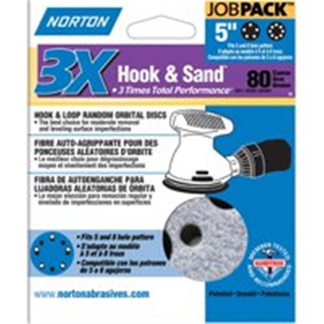 Norton 04033 5-Inch 5 and 8 Hole P80 3X Hook and Loop Discs, 50-Pack