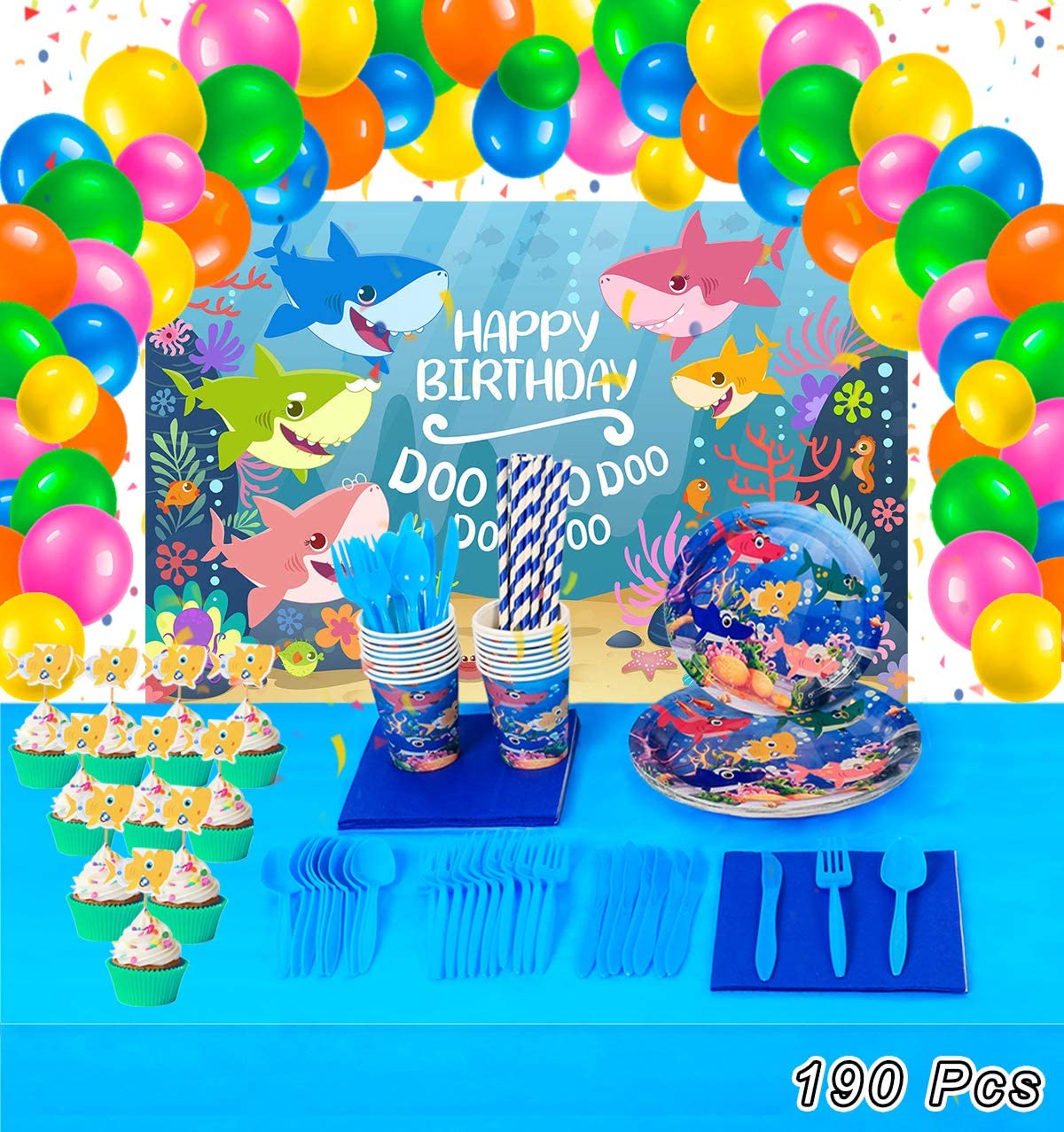 Shark Party Supplies For Baby 190 Pcs Birthday Decorations Favor Pack For Kids Girls Tableware Plates Cups Straws Walmart Com