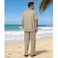 thumbnail image 2 of 2-Piece Men's Casual Button Down Shirt and Loose Pants Set Lightweight Stretch for Vacation Khaki S, 2 of 7