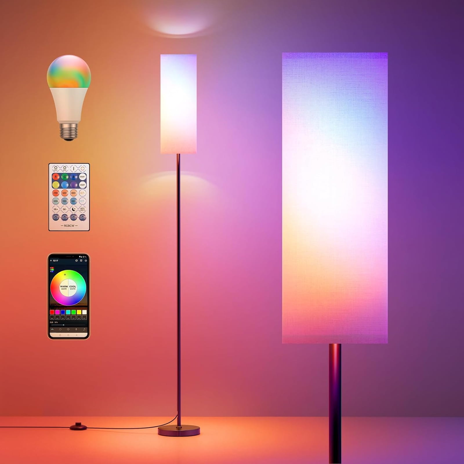 Neoglint Modern RGB Floor Lamp, Tall Dimmable Standing Light with App & Remote Control for Living Room, Bedroom, Office