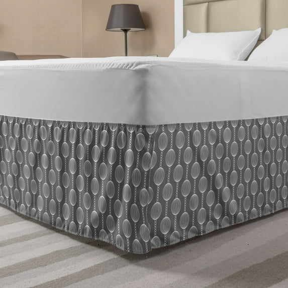 Abstract Bed Skirt, Rhythmic Abstracted Baubles Inspired Circles and Chains Illustration, Elastic Bedskirt Dust Ruffle Wrap Around for Bedding Decor, 4 Sizes, Taupe Grey and White, by Ambesonne