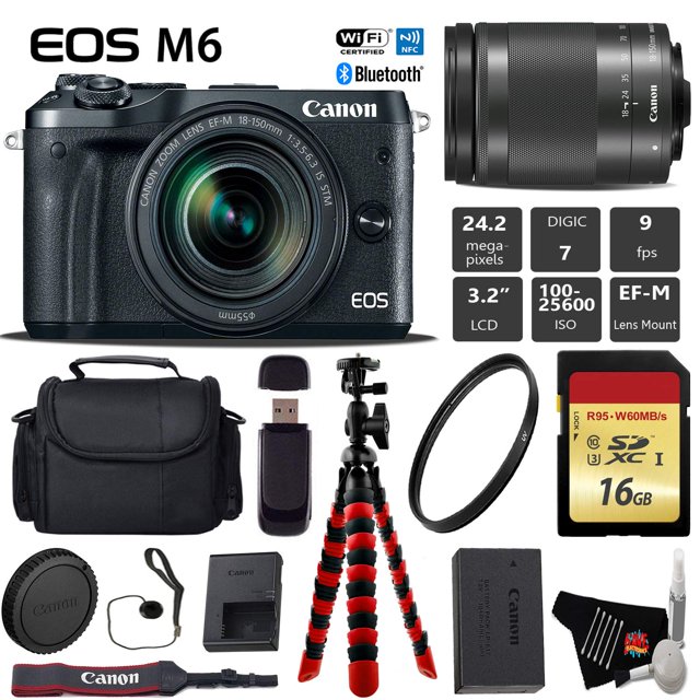 Canon EOS M6 Mirrorless Digital Camera with 18-150mm is STM Lens + Flexible Tripod + UV Protection Filter + Professional Case + Card Reader - Intl Model Canon 16GB - Basic Kit - 1724C021-5