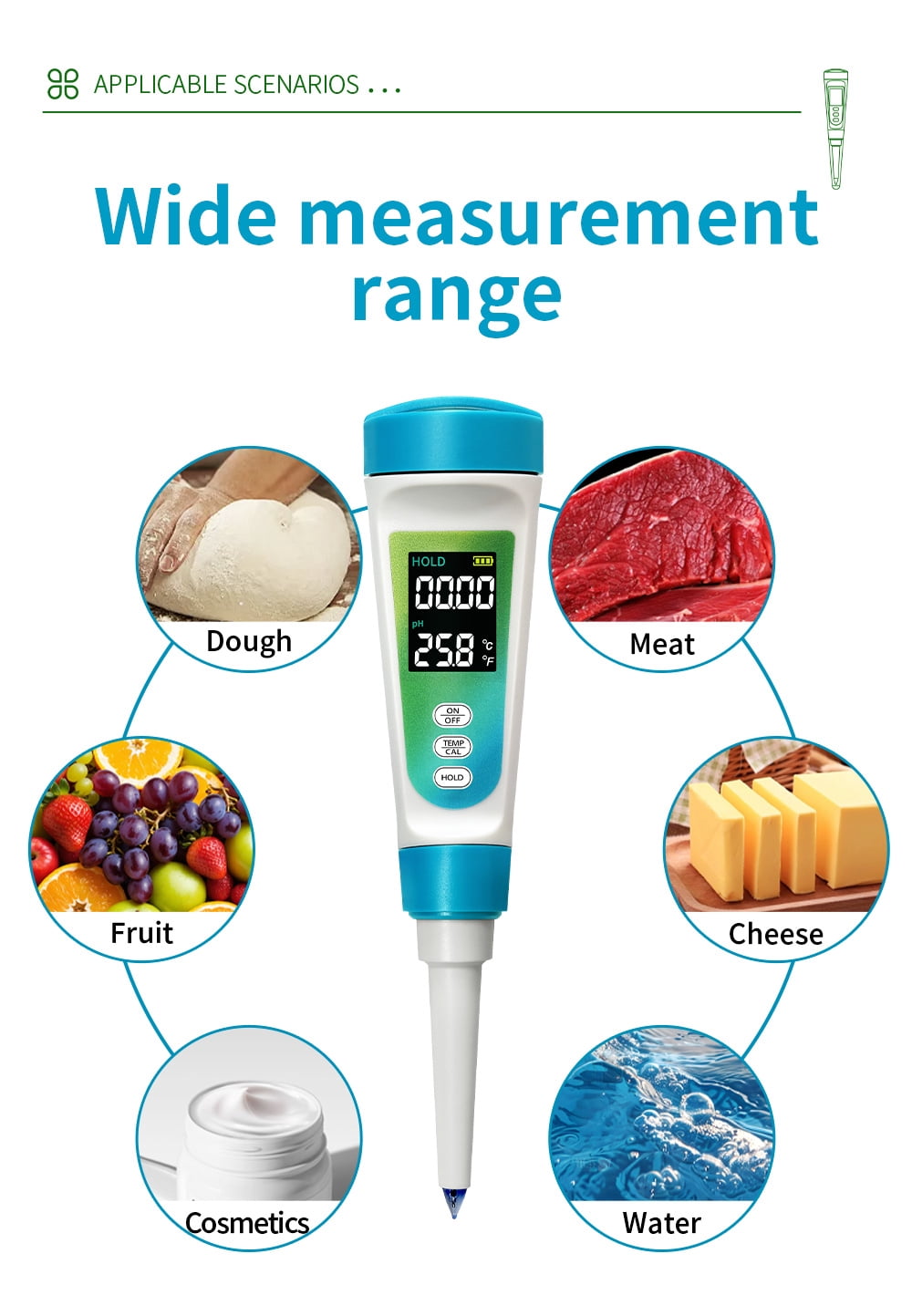 New 2-in-1 food PH Meter & Thermometer, Digital PH test pen for dough cheese meat fruit, high accuracy acidity tester for kitchen food safety