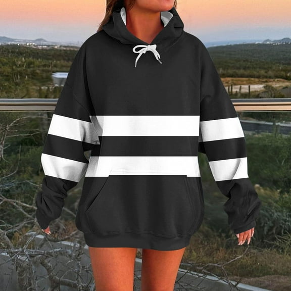 Uootdi Long Sleeve Sweatshirts for Women Oversized Color Block Striped Pullover Hoodie Casual Soft Fashion Tops Gift Fall Trend y Y2K
