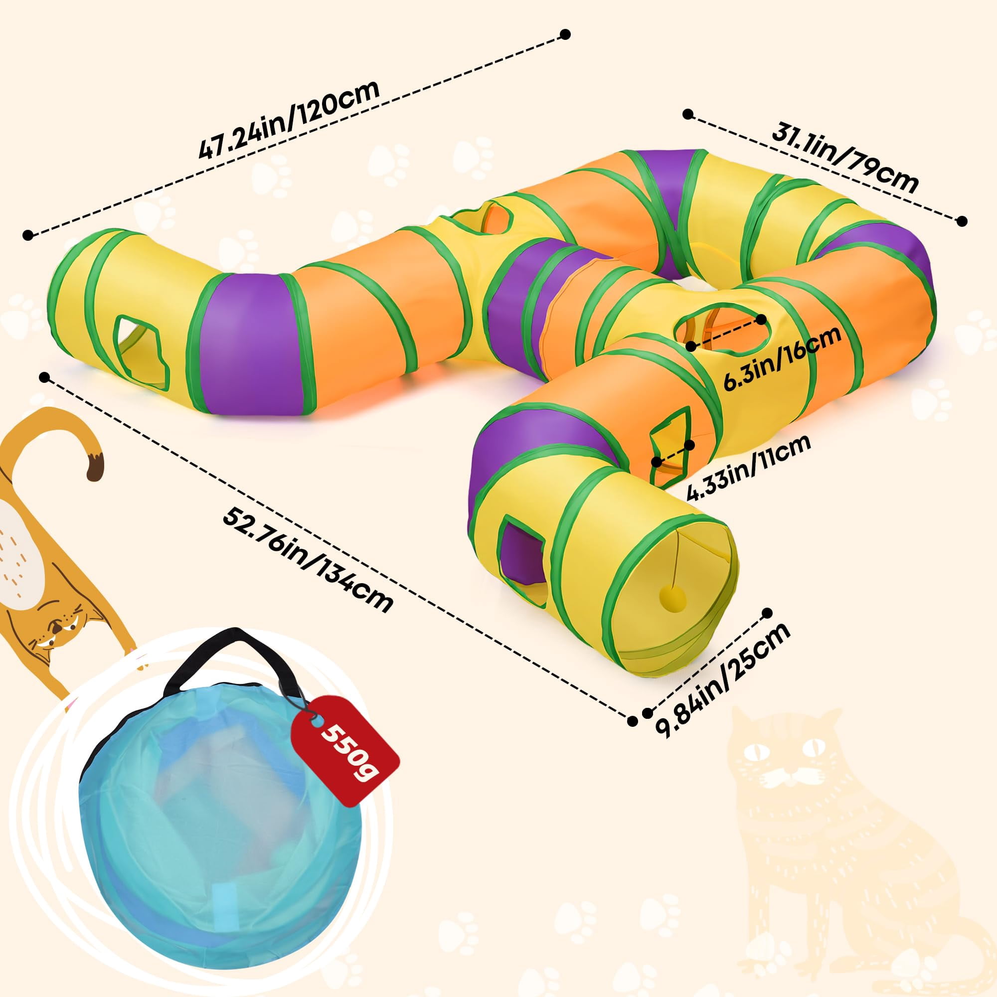 Petizer Collapsible Cat Tunnel Toy, Washable & Tear-Resistant Interactive Pet Tube with Dangling Ball for Indoor Cats and Kittens