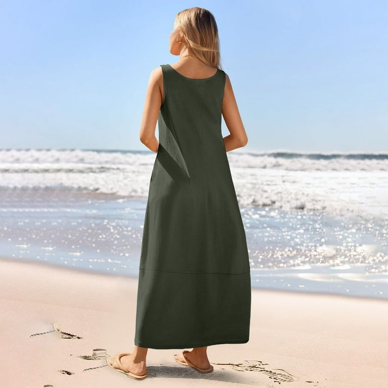 qucoqpe Womens Summer Long Maxi Dress Crew Neck Sleeveless Pleated Flowy Sundress Casual Loose Solid Color Beach Tank Dress with Pockets