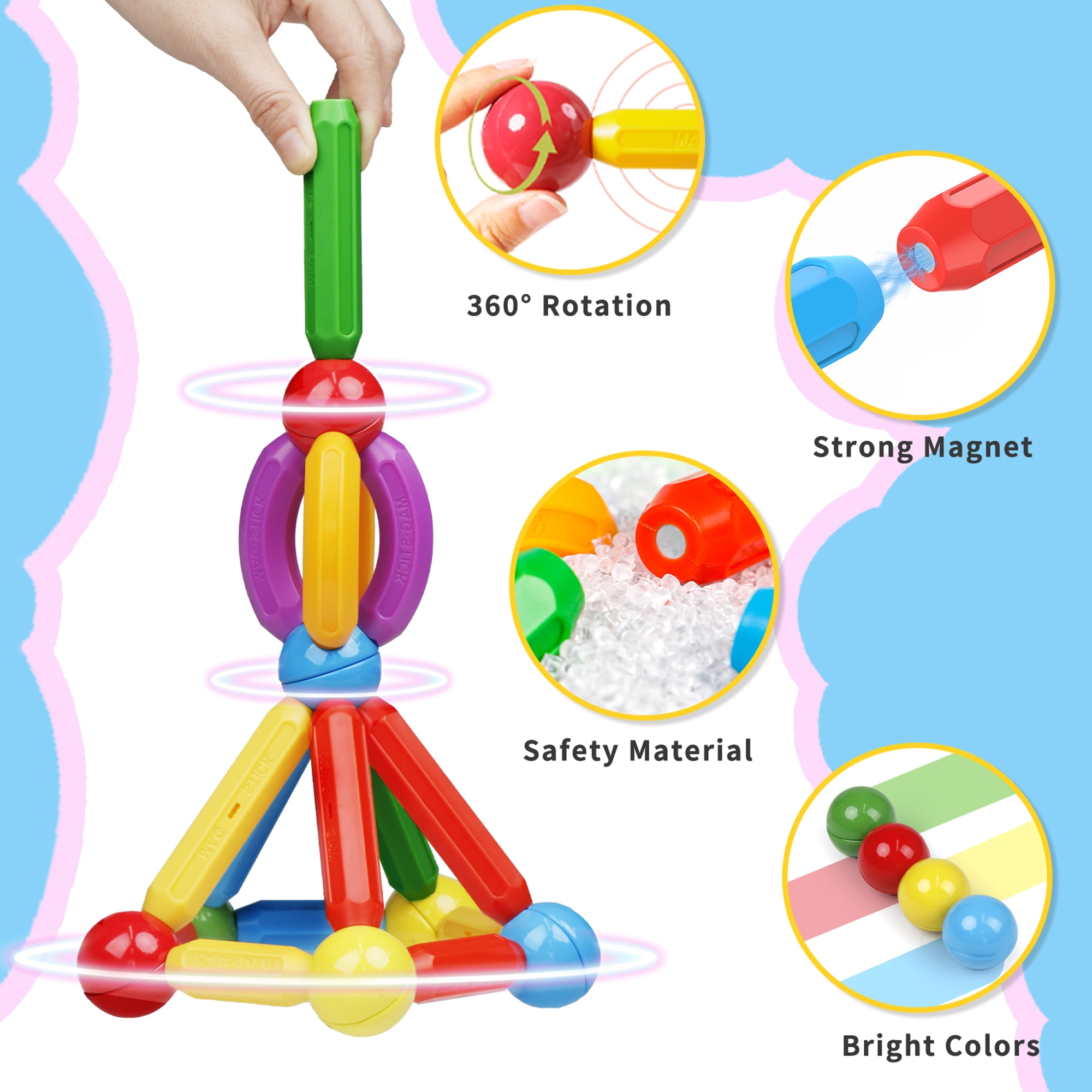 Magblock Balls and Rods Set, Colorful Building Blocks Sticks for Kids Ages 3+ Stem Construction Toys, 90Pcs