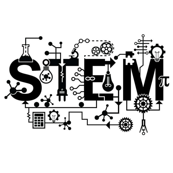 STEM Artwork Banner for Classroom Vinyl Wall Decal - Science Technology Engineering and Mathematics Black and White Art with Light Bulb, Calculator, Cogwheel, Pi, Laboratory Equipments and Circuits fo