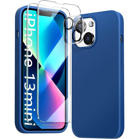 [5 in 1 for iPhone 13 Mini Case 5.4 inch, with 2 Pack Screen Protector 2 Pack Camera Lens Protector, Liquid Silicone Slim Shockproof Protective Phone Case… (Blue)……