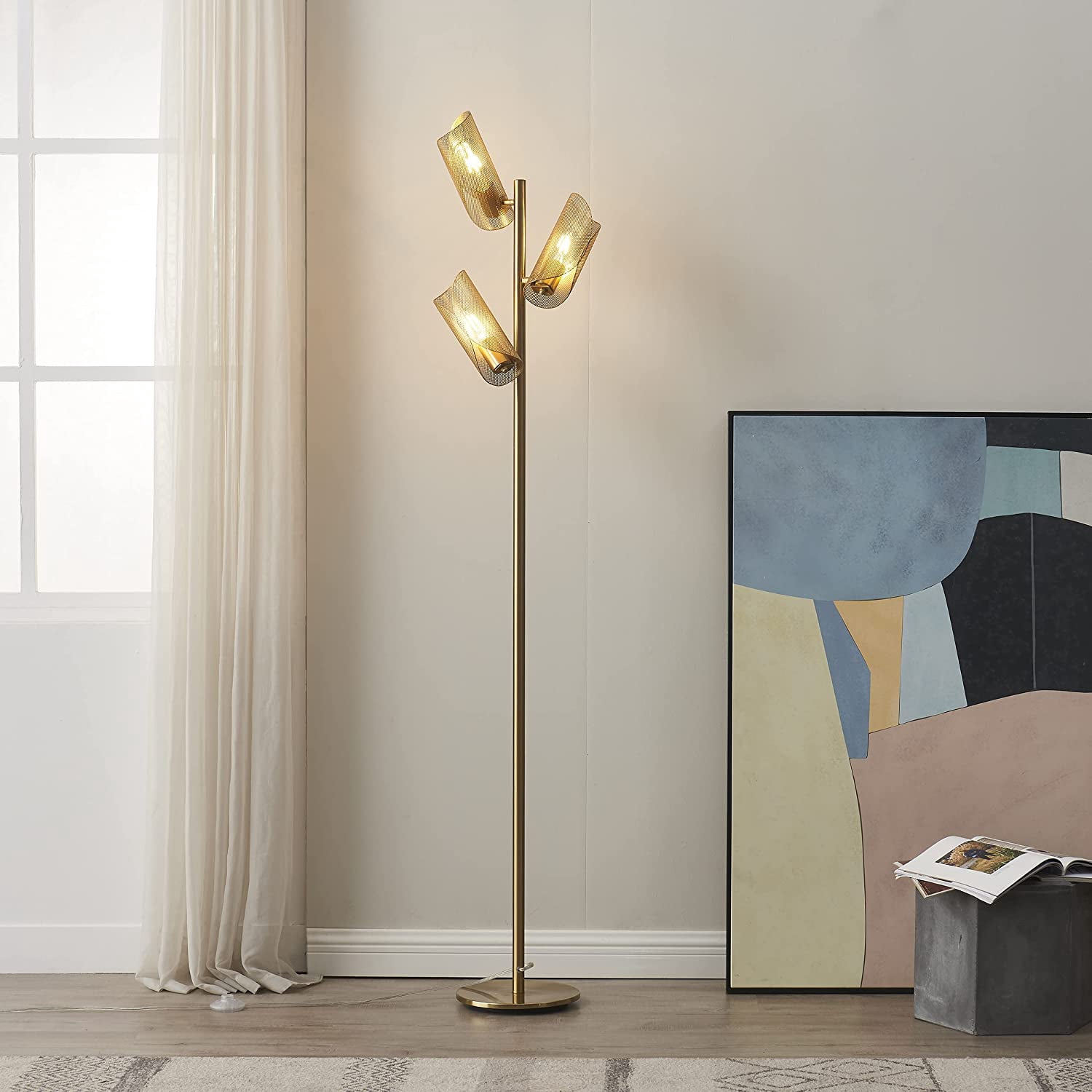 Brightech Lyra 71" LED Tree Floor Lamp for Mid-Century Modern, Contemporary, 3 Light Head Standing Lamp with Metal Cage Shade, Standing Pole Tall Lamp for Living Room, Bedroom - Brass