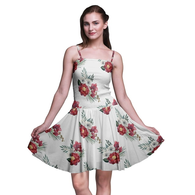 Bimba Robe Soleil Mini à Taille Smockée pour Femmes à Imprimé Floral, Tenue de Fête d'Été pour les Vacances - Moyen