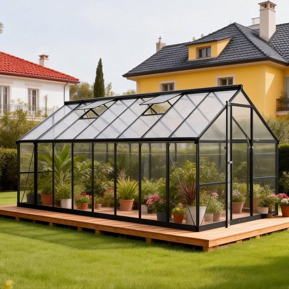 PABIMIA 8 x 16 ft Polycarbonate Outdoor Greenhouse, Walk-in Aluminum Greenhouse with Roof Vent, Black