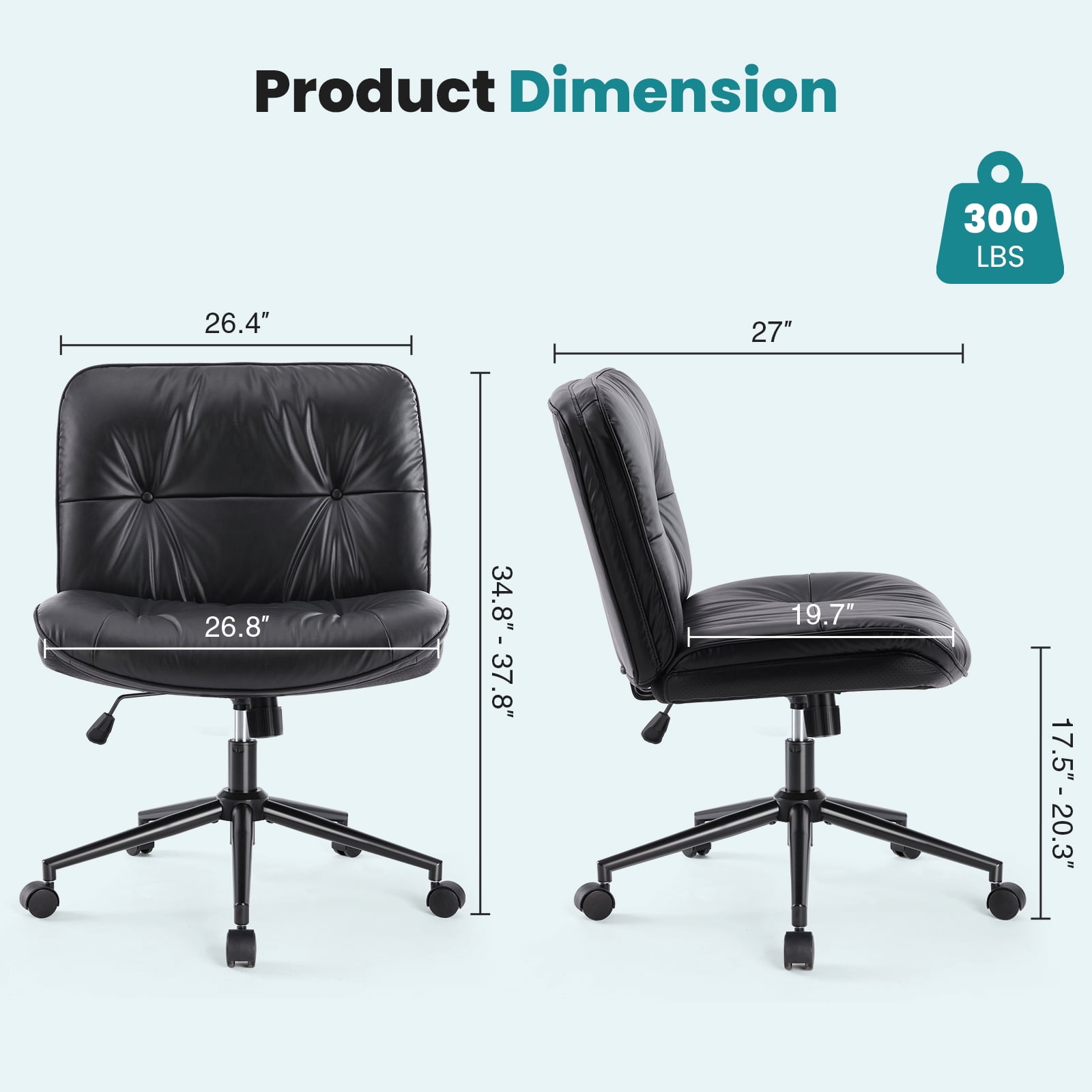 CONCETTA Cross Legged Armless Office Chair, 26.8" Wide PU Leather Seat, Adjustable Swivel Vanity Desk Chair with Rocking Function, Khaki Gray