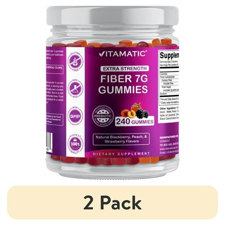 (2 pack) Vitamatic Prebiotic Fiber Gummies for Adults, 7G Extra Strength, Zero Sugar Added, 240 Pectin Based Gummies, Digestive Health & Regularity Support