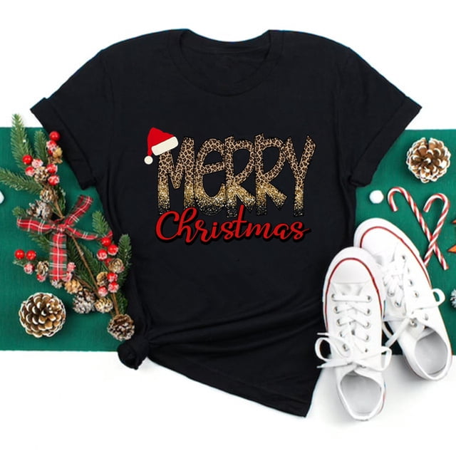 Ropa Kawaii de Feliz Navidad para mujer, camisa con estampado de patas de perro, camisetas negras de manga corta para mujer, camiseta de Navidad para mujer 2023