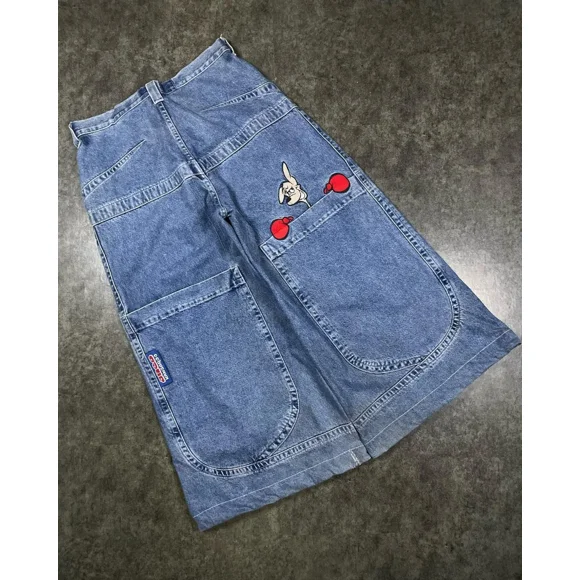 American Jnco Big Pocket Boxing Kangaroo Print Wash Wide Leg Jeans Y2K Hip Hop Street Casual Loose Denim for Men and Women Pant ZR