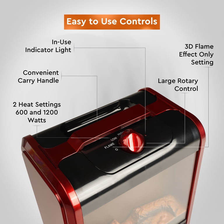 Comfort Zone 600/1,200-Watt Mini Fireplace Heater with Realistic 3D Flame,  Stay-Cool Body, Carry Handle, Overheat Sensor, and Safety Tip-Over Switch,  Red - Walmart.com
