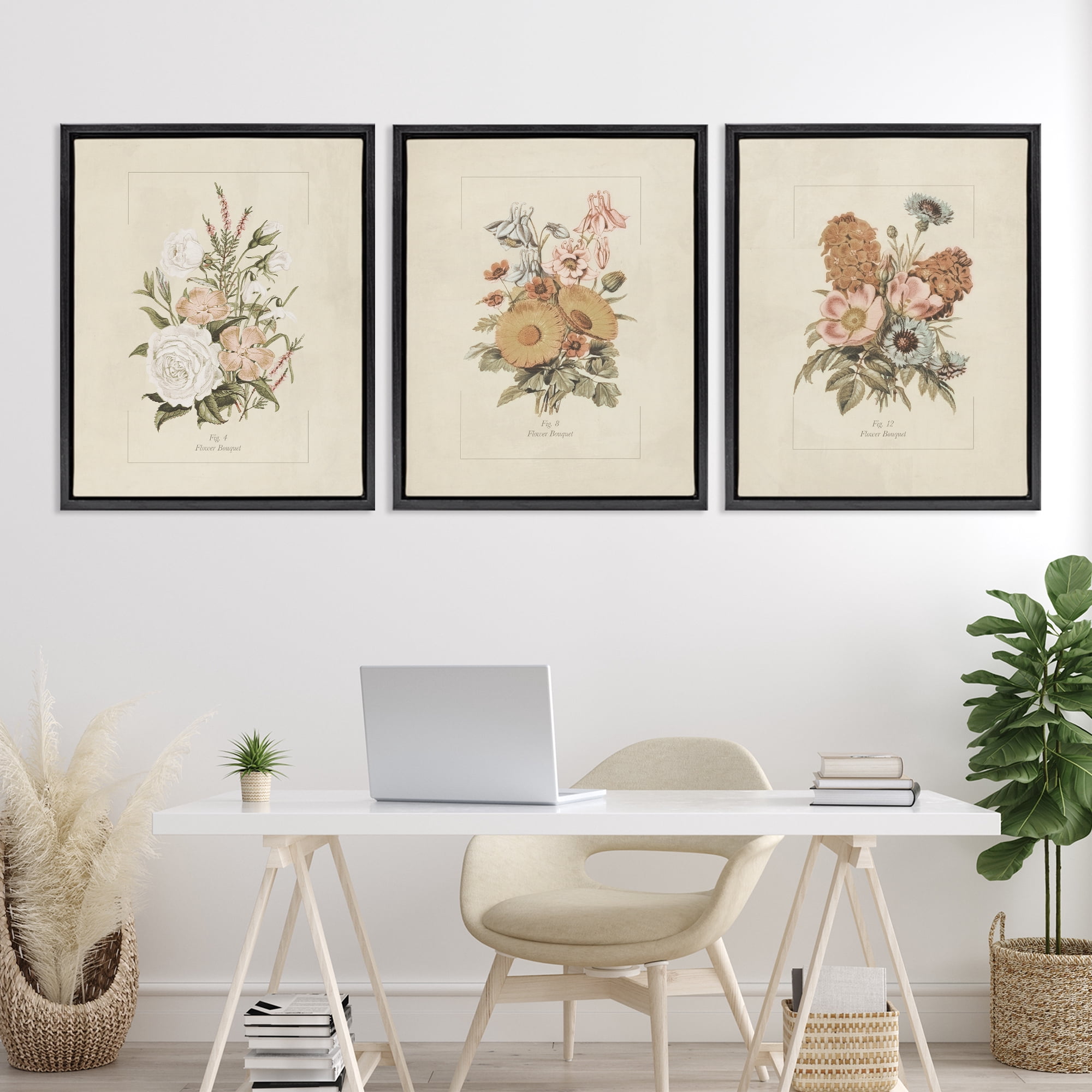 Stupell Industries Neutral Bouquet Studies 3 Piece Black Framed Floater Canvas Set, design by Dan Meneely