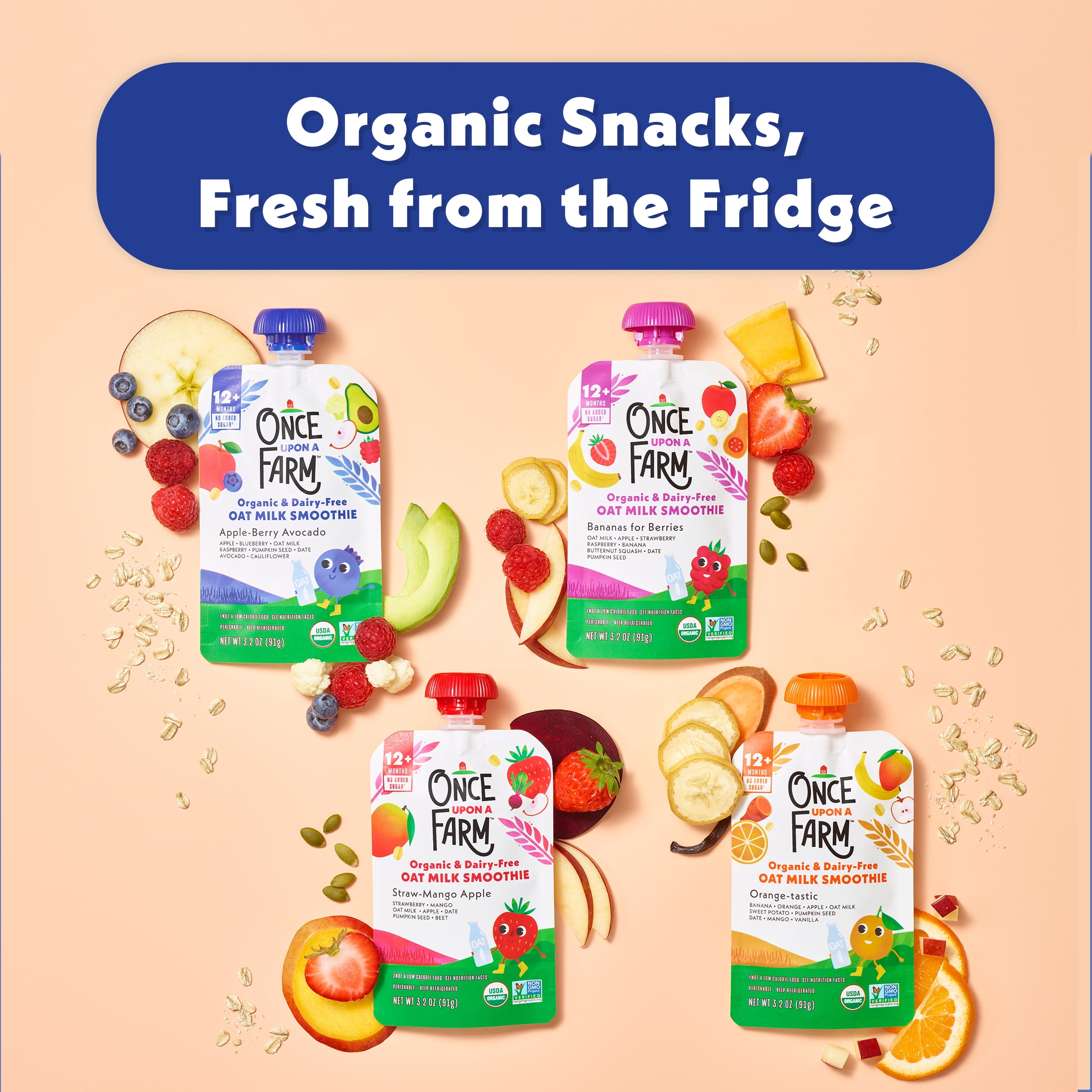 Once Upon a Farm Organic Refrigerated Kids' Snack Apple-Berry Avocado Dairy-Free Smoothie, 3.2oz Pouch