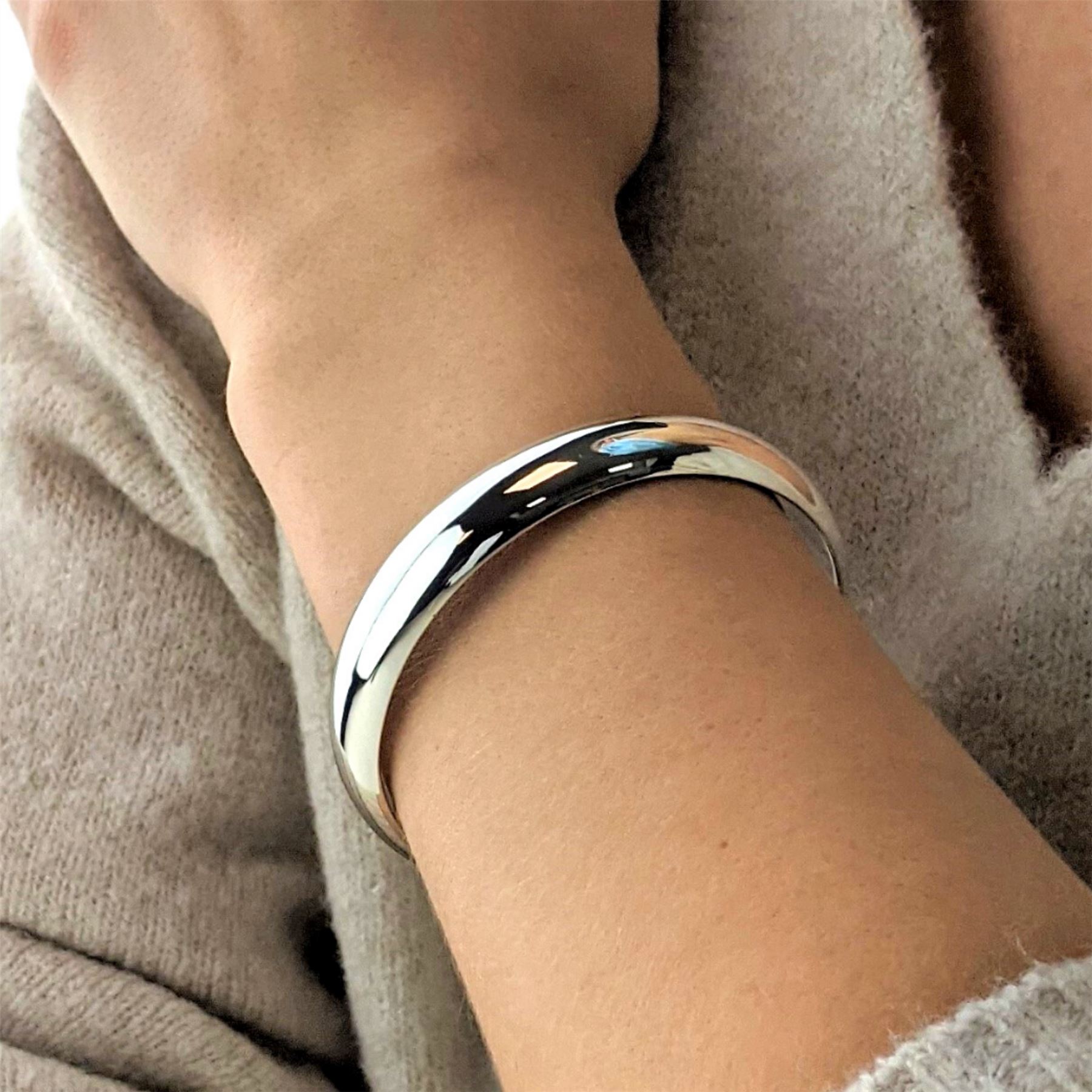 Silverly Round Wide 925 Sterling Silver Bangle Curved Flat Tube