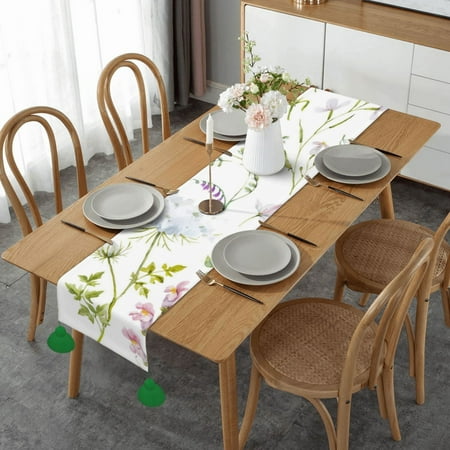

Colored Floral Pattern Print Table Runner Imitation Linen Table Runner With Green Tassels For Party And Dining Room 14 x 60