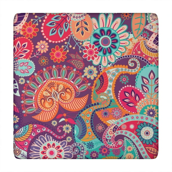 Paisley Design Square Table Cover, Elastic Fitted Tablecloth for Picnic Outdoor, Vintage Bohemian Paisley Boho Design Windproof Wrinkle-Free Washable Fabric Table Protector, Fits 34x34 Inches