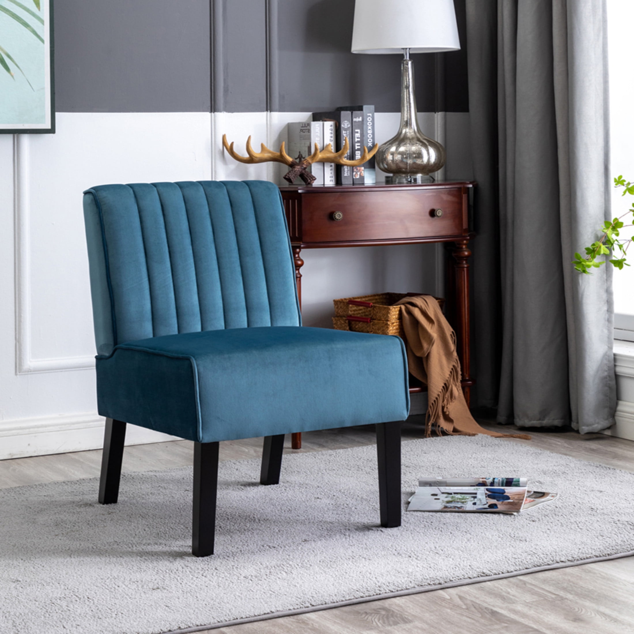 GDF Studio 29.5" Mid-Century Modern Accent Chairs Set of 2 with Channel Tufted Velvet Upholstery, Blue