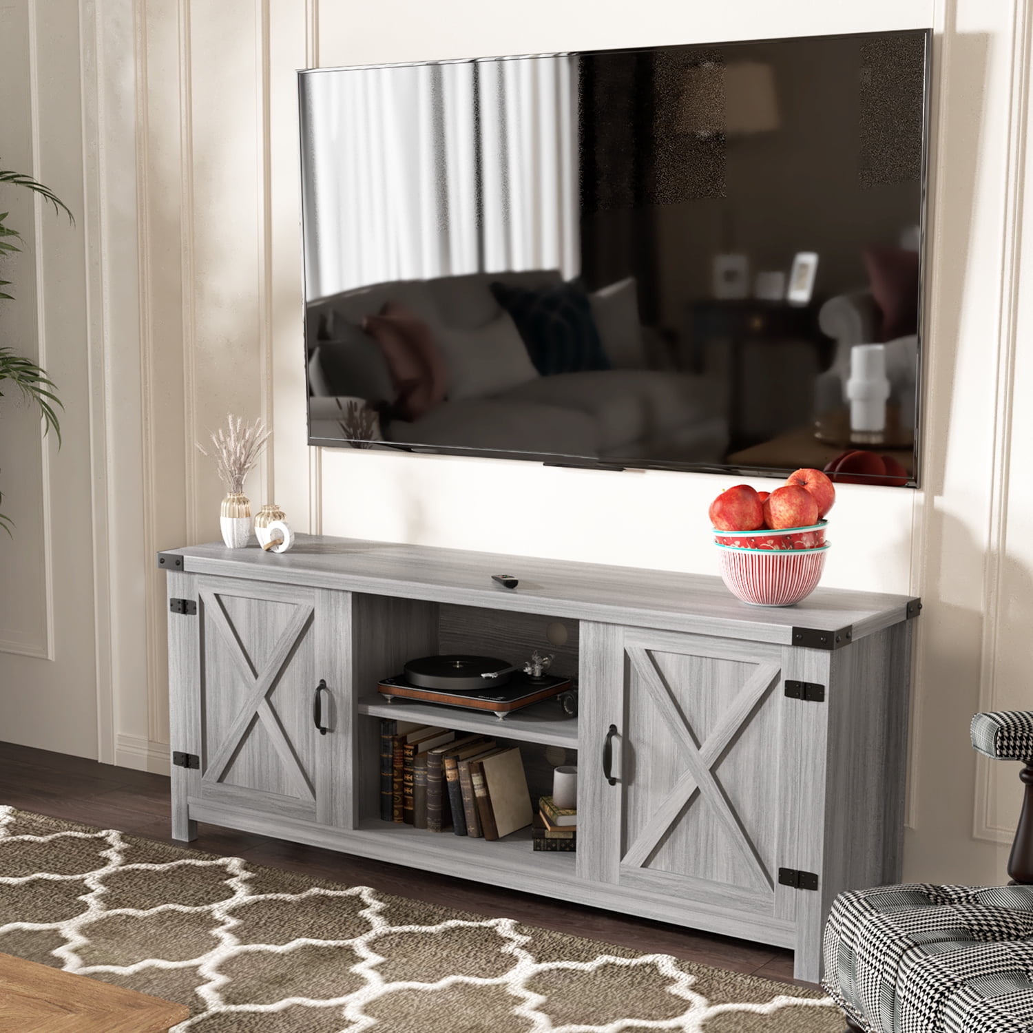 Furmax Barn Door TV Stand Media Console Center Industrial Style for TVs up to 65", Grey Wash