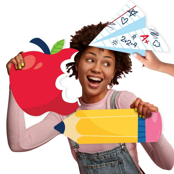 Big Dot of Happiness School Supplies - Paper Airplane, Apple and Pencil Decorations - Kids Classroom Decorations Large Photo Props - 3 Pc