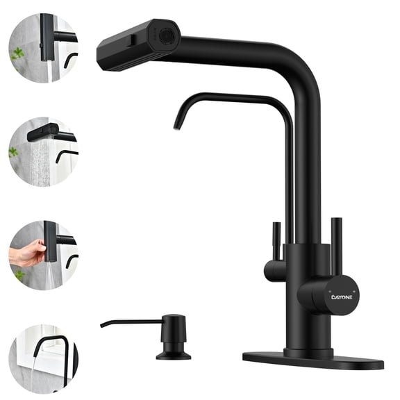 DAYONE Matte Black Waterfall Kitchen Faucet with Drinking Water Faucet and Soap Dispenser, 3 in 1 Kitchen Sink Faucet with Purfied Water, 4 Holes Faucet, (Without Water Filtration Device)