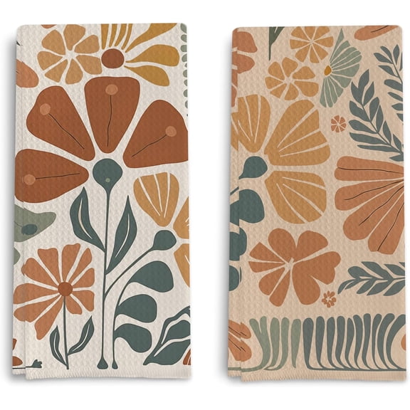 Abstract Floral Kitchen Dish Towels Set of 2 Vintage Kitchen Towels, Retro Flower Decorative Kitchen Towels, Boho Hand Towels for Bathroom,16×24 Inches