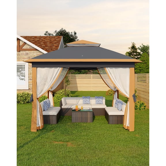 11'x11' Pop-Up Gazebo, Instant Outdoor Canopy Tent with Mosquito Netting, Durable Steel Frame, Water & UV Protection for Patio Garden Courtyard Party – Khaki