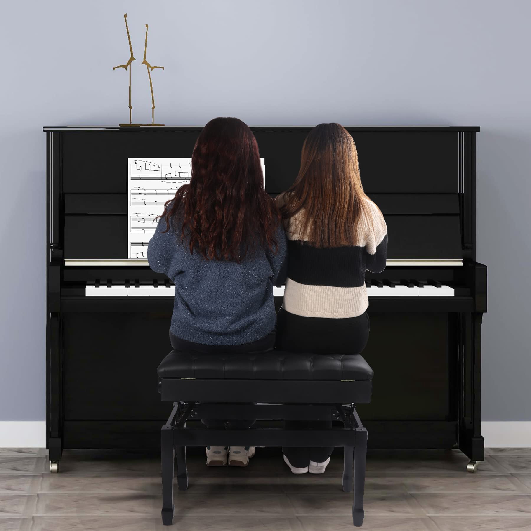 Adjustable Duet Piano Bench With Storage Heavy Duty Wooden Double Keyboard Seat Pu Leather Cushion Black