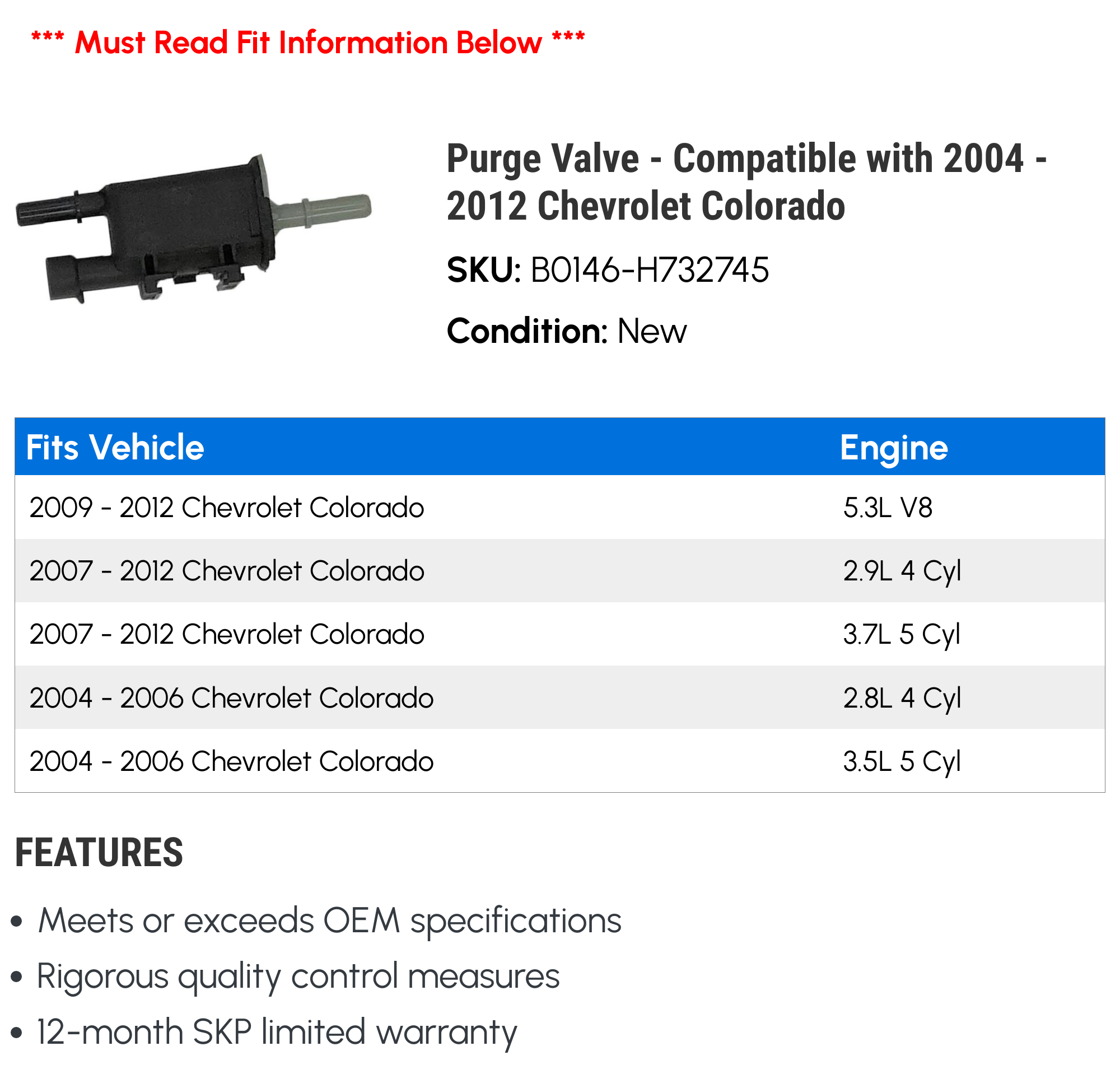 Purge Valve - Compatible with 2004 - 2012 Chevy Colorado 2005 2006 2007 2008 2009 2010 2011