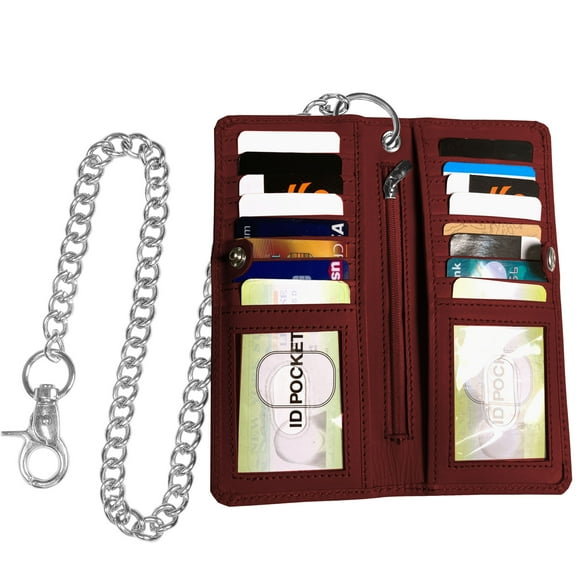 IBRO Long Bifold RFID Blocking Motorcycle Chain Wallet for Men OxBlood
