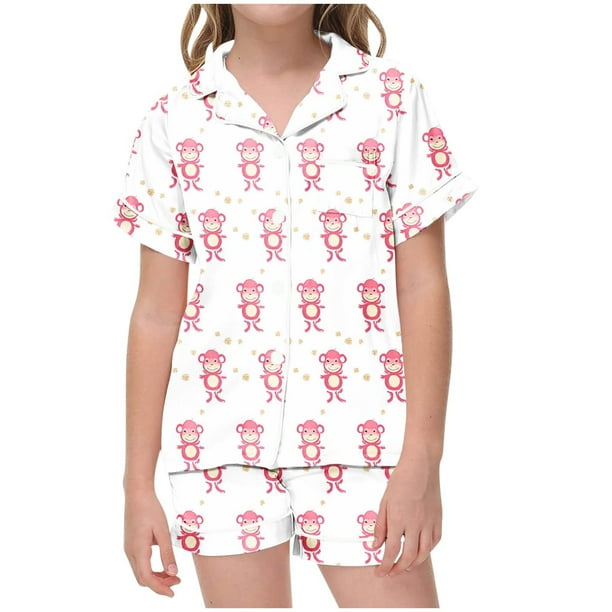 Odeerbi 2-12 Años Niños Niñas Pijamas de Verano de Satén Con Solapa de Muesca Camisas de Manga Corta Pantalones Cortos Conjunto de Pijama de Seda Con Estampado Suave