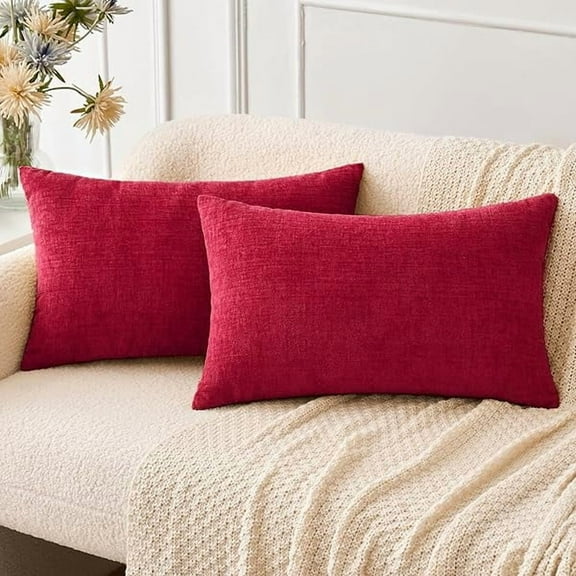Wanhoo Pack of 2 Red Couch Throw Pillow Covers 12x20 Inch Soft Chenille Pillow Covers for Sofa Living Room Solid Dyed Pillow Cases
